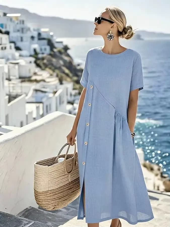 Robe en coton et lin, robes printemps-été, robe midi à boutons et poches, combinaison décontractée,