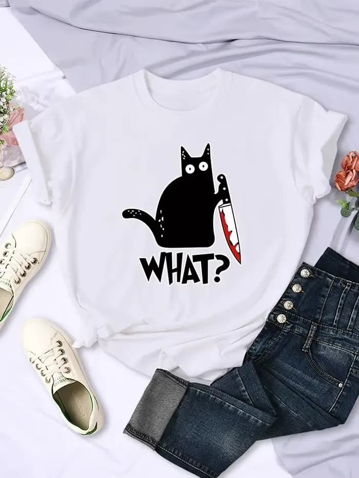 Couteau de cuisine Black Cat Quel? T-Shirts à manches courtes imprimés pour femmes, T-Shirts respira