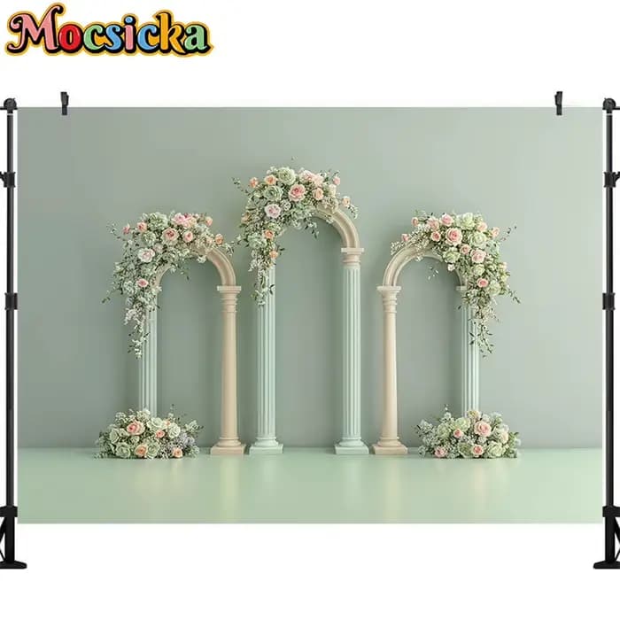 Arrière-Plan de Photographie de Mariage, Fleurs Colorées à Trois Arches, Fournitures de Décoration d