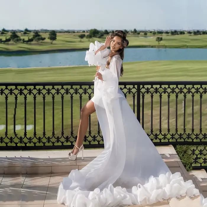 Robe de mariée blanche à volants, manches longues, en organza transparent, robe de soirée superposée