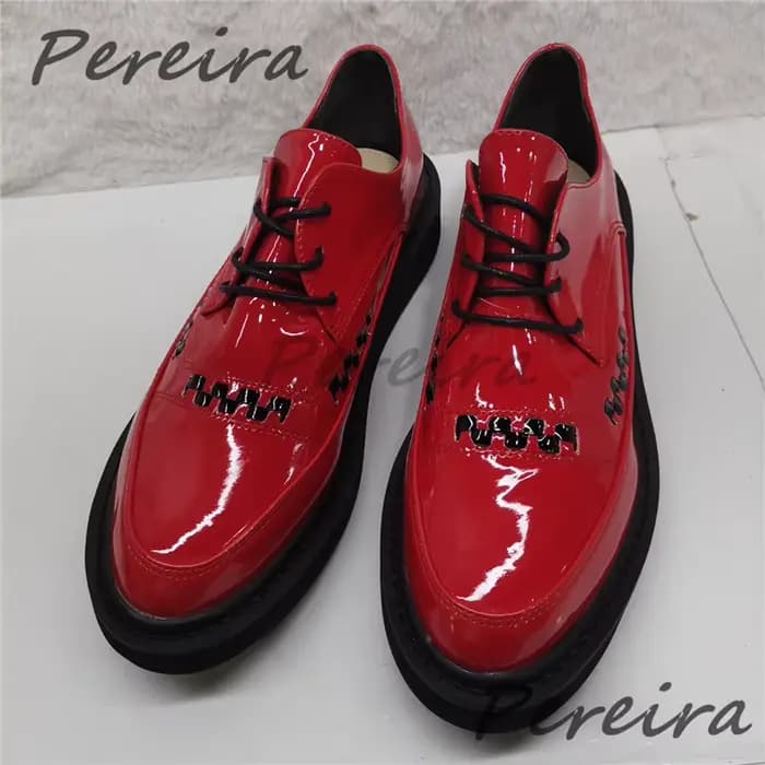 Chaussures Derby en cuir rouge brillant à lacets, imprimé léopard, boucle métallique, semelle épaiss