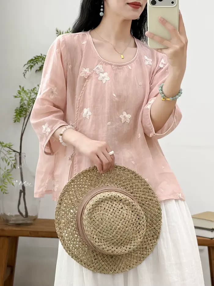 Chemisier en lin brodé pour femme, coupe ample, manches mi-longues, style décontracté pour le quotid