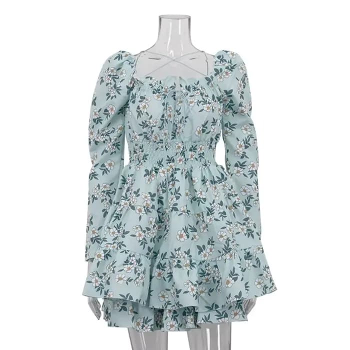 Robe courte imprimée à lacets pour femmes, col carré, manches longues, cintrée à la taille, robes de