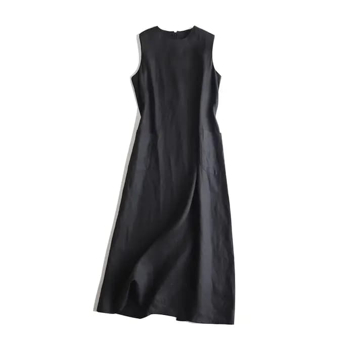 Robe d'été 2026 en coton et lin pour femme, style rétro littéraire, col en V, unie, sans manches, dé