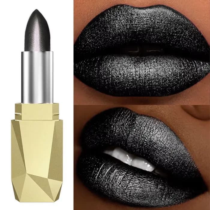 Rouge à lèvres noir à finition métallique, 1 pièce, hydratant, scintillant, hautement pigmenté, tein