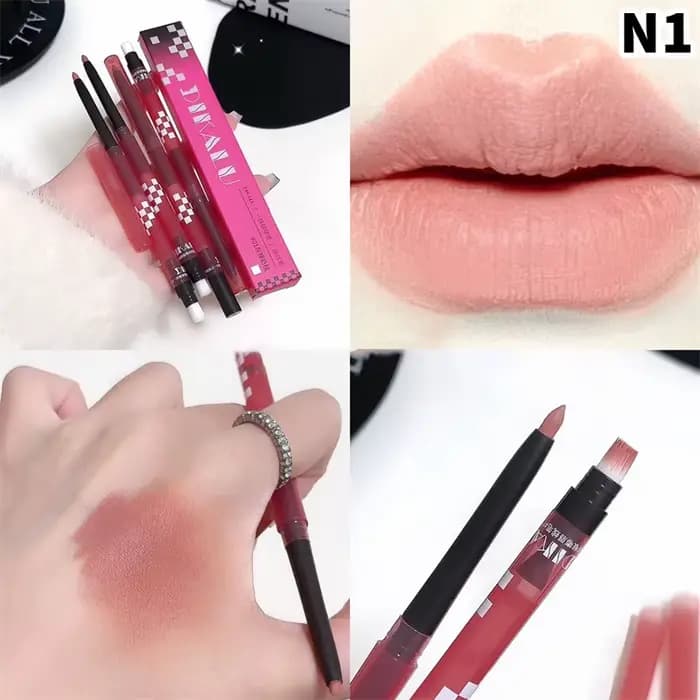 Crayon à lèvres mat DIKALU avec pinceau double embout, teinte nude gris rose, stylo contour des lèvr