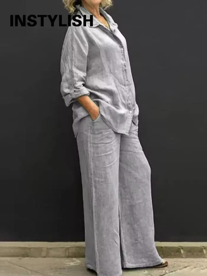 Ensemble Deux Pièces Vintage en Lin pour Femme, Chemise à Manches sulf, lèvent, Chemisier Décontracté, Pantalon Droit, Collection Automne