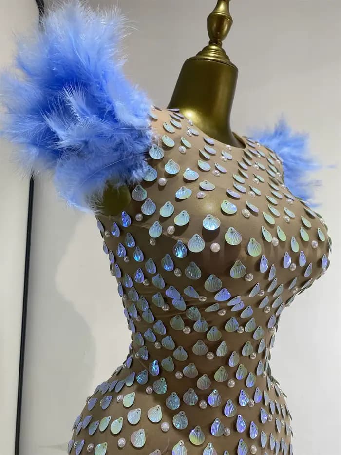 Robe de soirée transparente de luxe pour femme, bleue, avec plumes, paillettes, coquillages, sequins et perles, idéale pour les défilés et les séances photo