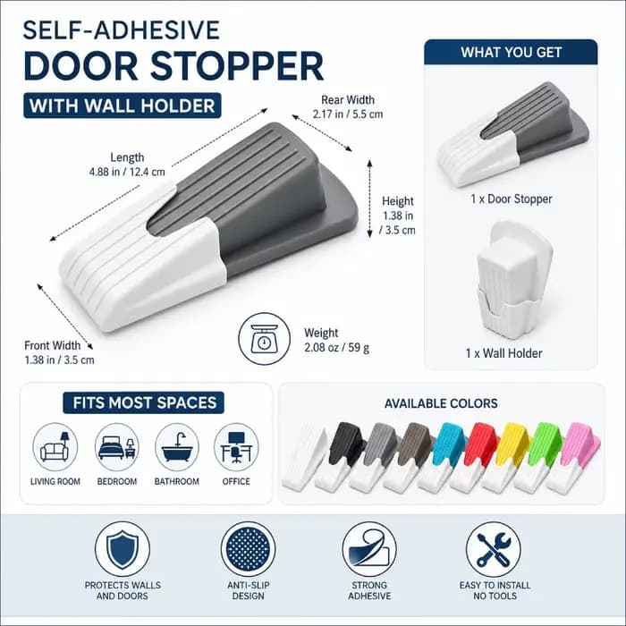 Cale de porte avec support adhésif, poignée antidérapante côtelée, butée de porte compacte pour chambre, salle de bain et bureau