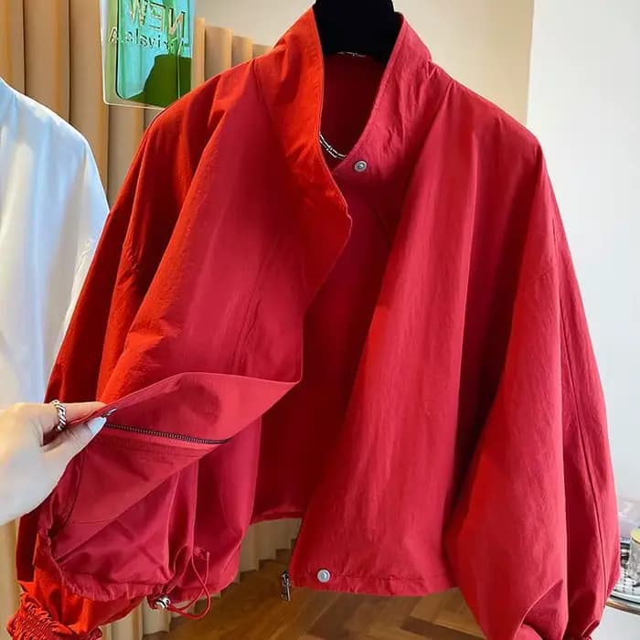 Veste décontractée à col montant pour femme, manteau ample et court et fin, rouge, nouvelle collection printemps et automne 2025