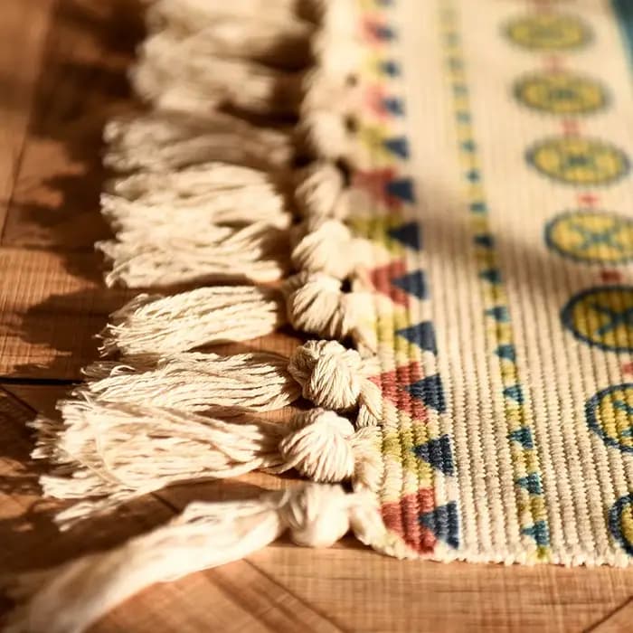 Tapis Bohème en Coton et Lin Tissé à la Main avec Pompons, Tapis de Sol Géométrique pour Chambre à Coucher, Tapis de Chevet Antidérapant, Tapis de Cuisine, Décoration Intérieure