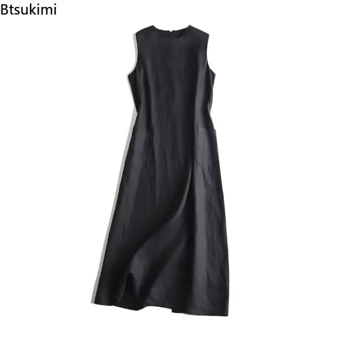 Robe d'été 2026 en coton et lin pour femme, style rétro littéraire, col en V, unie, sans manches, décontractée, ample, pour soirée, Vestidos De Mujer
