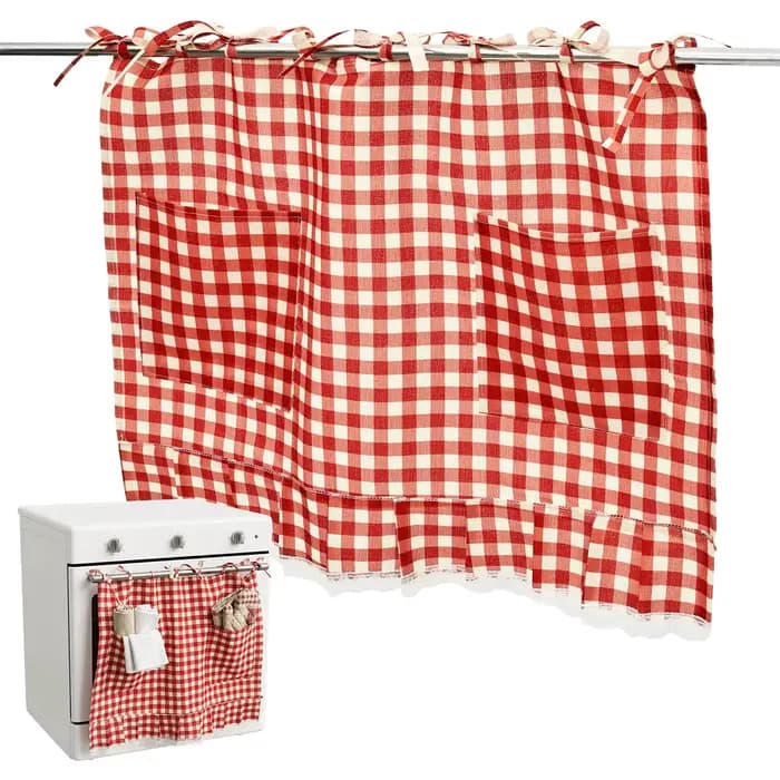 Jupe de four en lin décorative à carreaux pour cuisine, rideau de protection pour lave-vaisselle, jupe de cuisinière avec poches et dentelle, à nouer