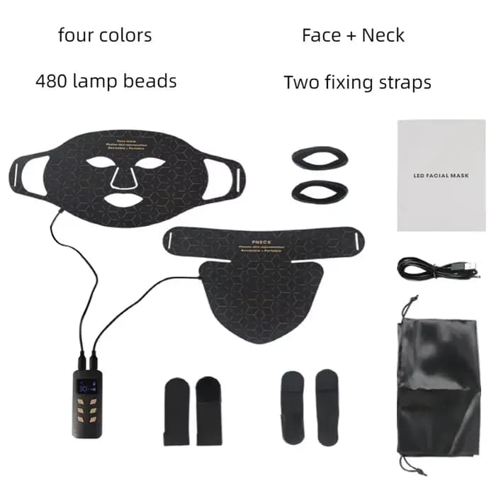 Masque de beauté LED en silicone pour le visage et le cou, 4 couleurs, 240 perles de lampe, thérapie photonique, flexible, éclaircissant la peau, anti-déformable