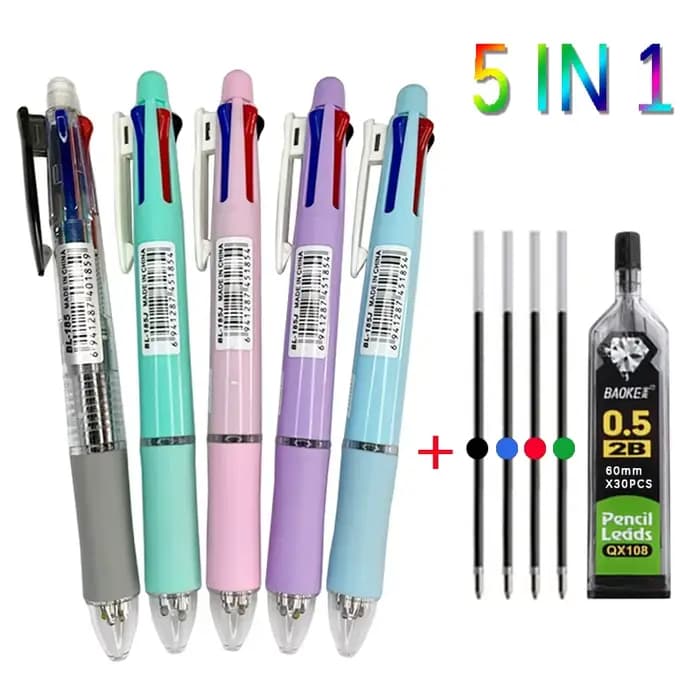 Stylos à bille multicolores Kawaii 5 en 1, avec recharges, ensemble de 4 stylos à bille de couleur et crayon mécanique, stylo multifonction