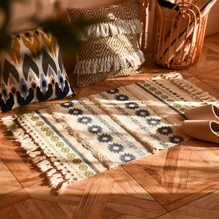 Tapis Bohème en Coton et Lin Tissé à la Main avec Pompons, Tapis de Sol Géométrique pour Chambre à Coucher, Tapis de Chevet Antidérapant, Tapis de Cuisine, Décoration Intérieure
