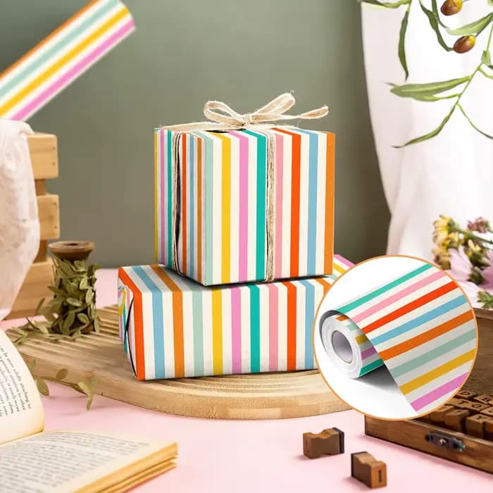 Rouleau de papier cadeau rayé arc-en-ciel coloré 10M/5M - Emballage cadeau multicolore lumineux pour anniversaire, baby shower, fêtes et toutes occasions