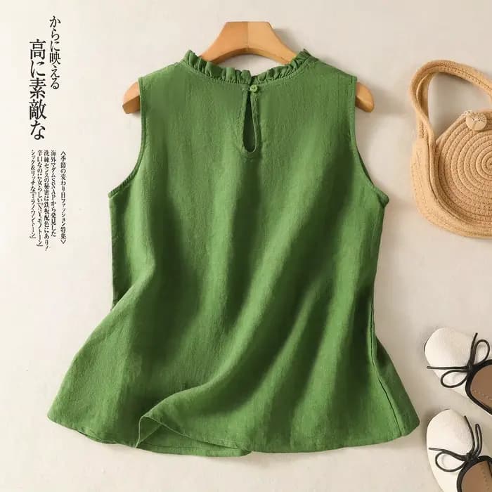 T-shirt en coton et lin pour femmes, nouvelle collection d'été, mode rétro Chic, élégant, assorti avec tout, sans manches, col Lotus, gilet décontracté