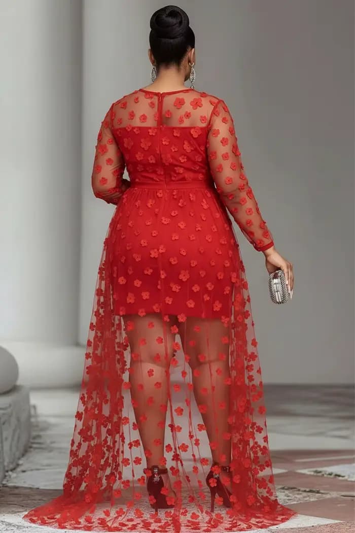 Grande taille fête rouge col rond manches longues haut bas ourlet élégant voir à travers Tulle Mini robes