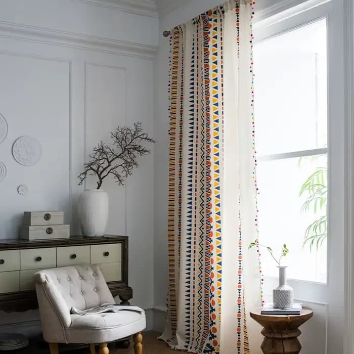 Rideau de fenêtre en lin de coton américain, impression de géométrie colorée avec gland, cantonnière occultante, chambre à coucher, rideaux de salon de luxe