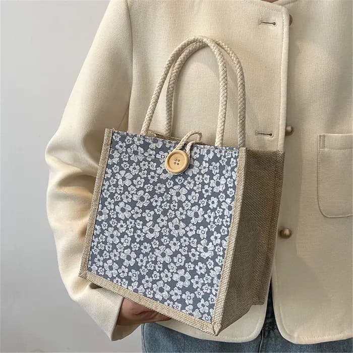 Sac à main à boutons en lin, sac d'épicerie de grande capacité, fourre-tout pour femmes, organisateur de plage, sac de courses Portable, sac à déjeuner