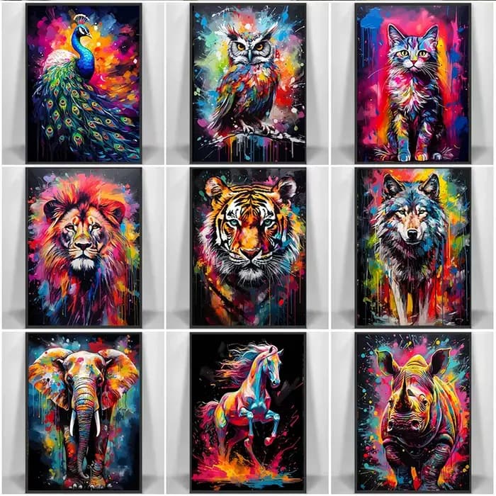 Art mural d'animaux d'interconnexion, impressions sur toile, affiches d'art graffiti, décor à la maison, théâtre de chat rhinocéros personnalisé, Krasnoblo discutant, tigre, animaux sauvages