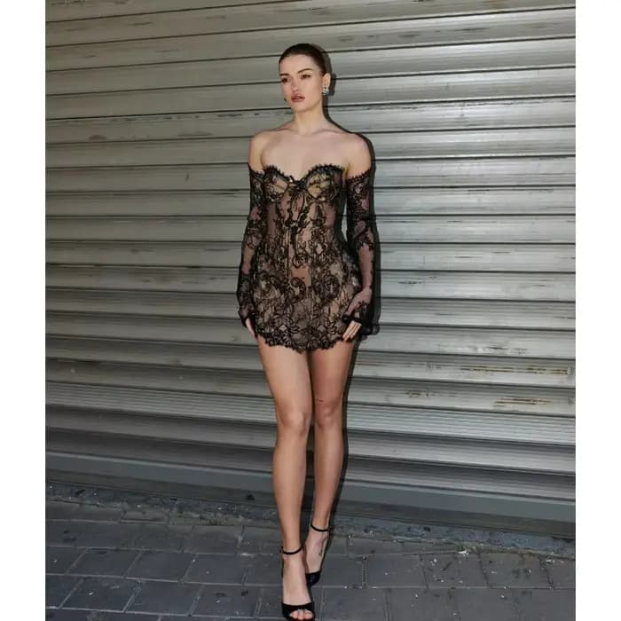 Robes de cocktail noires vintage, épaules dénudées, robes de bal entièrement en dentelle, manches longues, mini robes personnalisées pour occasions spéciales