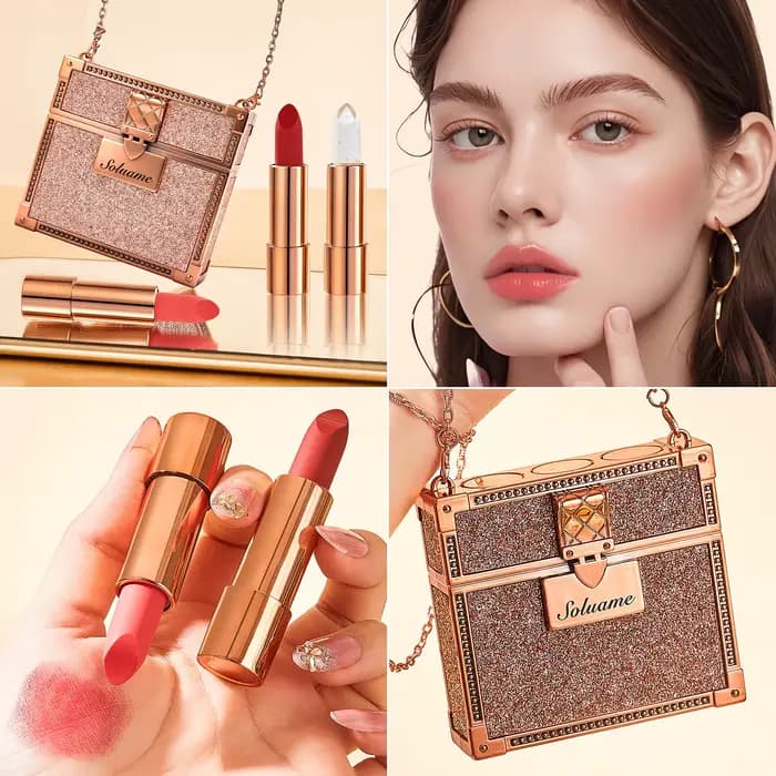 Ensemble de rouges à lèvres mats de luxe en trois couleurs – 3 teintes dans un étui rose doré scintillant avec chaîne