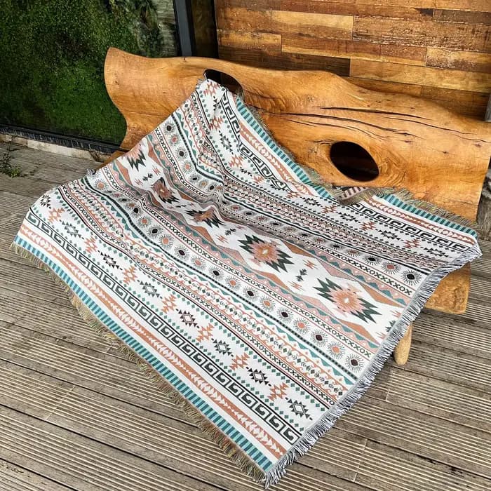 Couvertures en lin tribal à carreaux avec pompon, tapis d'extérieur, couverture de pique-nique de camping, couvertures de lit décoratives Boho, tapis de canapé, voyage Lea