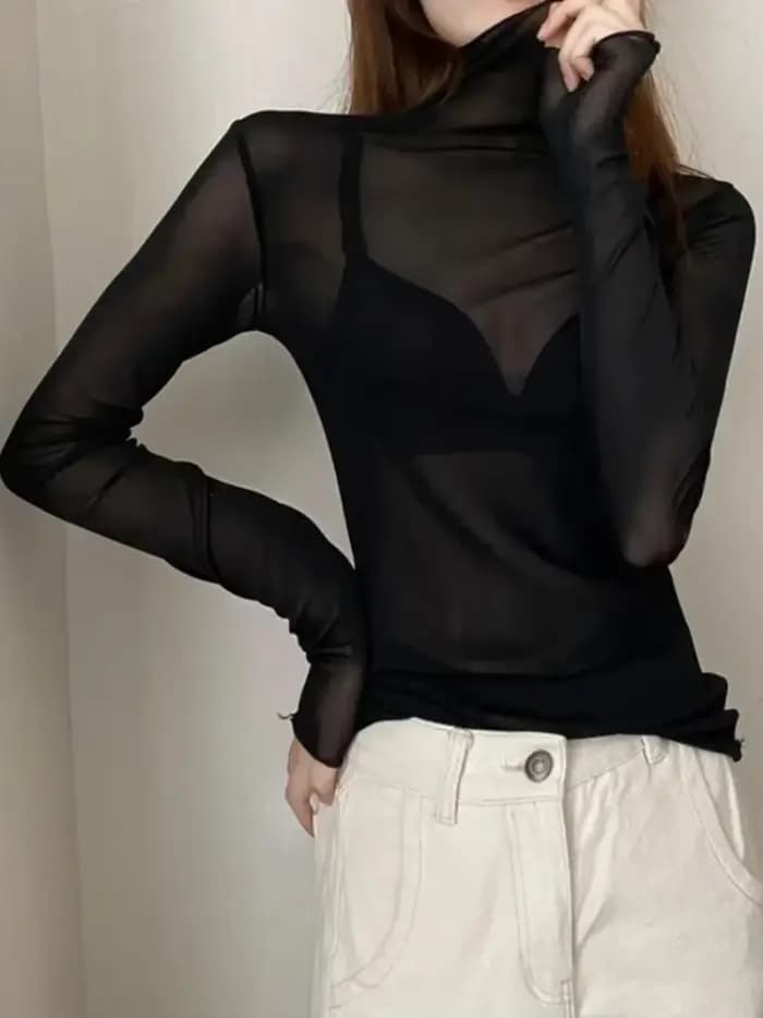 Chemisier astronomique en dentelle à col roulé pour femme, manches longues, vêtements en gaze fine, transparent, mode printemps et automne