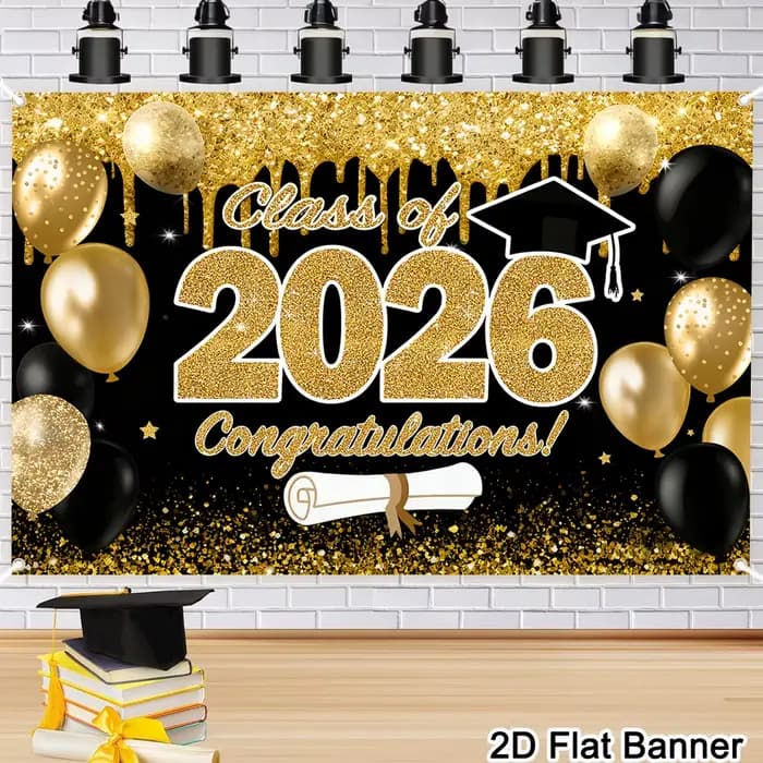 Toile de fond en polyester noir et or pour la remise des diplômes, classe de 2026, décoration scintillante pour les fêtes de remise des diplômes
