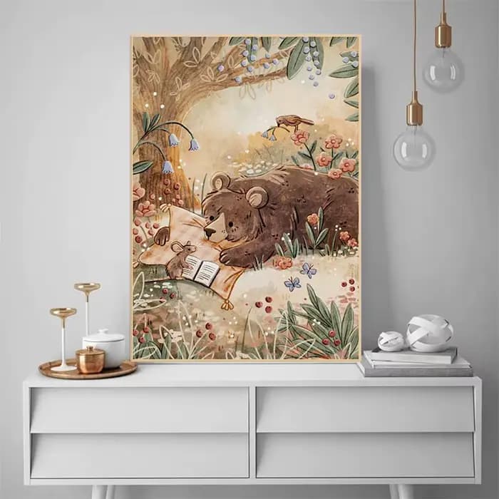Affiche illustrée d'histoires du coucher, animaux de la forêt mignons, lapin, renard, souris, peinture sur toile, Art mural, décoration de maison pour chambre d'enfant