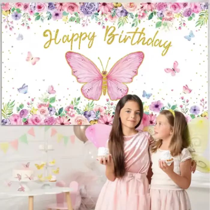 Arrière-plan sur le thème de la fête d'anniversaire, fleur de papillon rose, décor de réception-cadeau pour bébé, drapeau suspendu, accessoires d'arrière-plan