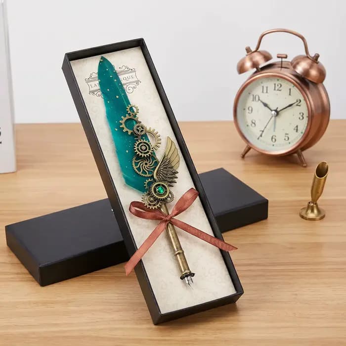 Stylo plume steampunk vintage artisanal avec engrenages mécaniques, plume en alliage noir ornée de paillettes dorées pour outils d'écriture