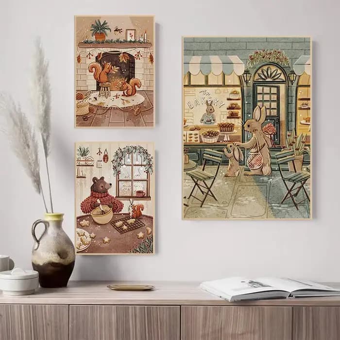 Affiche illustrée d'histoires du coucher, animaux de la forêt mignons, lapin, renard, souris, peinture sur toile, Art mural, décoration de maison pour chambre d'enfant