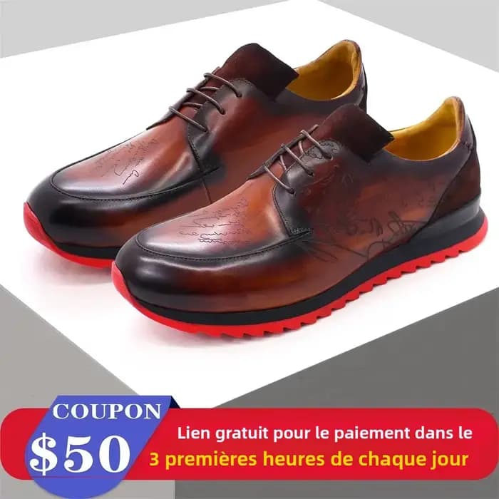 Chaussures en cuir faites à la main pour hommes, élégantes, à lacets, semelle rouge antidérapante, pour Occasions et Banquets décontractés à la mode