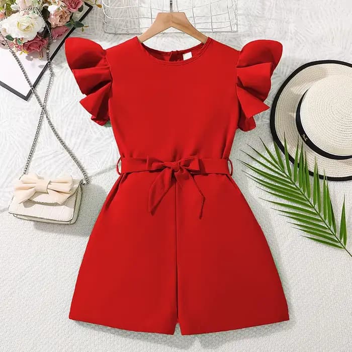 Combinaisons rouges 8-12 ans filles combinaisons solide rouge à volants sans manches élégant Style modeste enfants combinaisons courtes vêtements décontractés