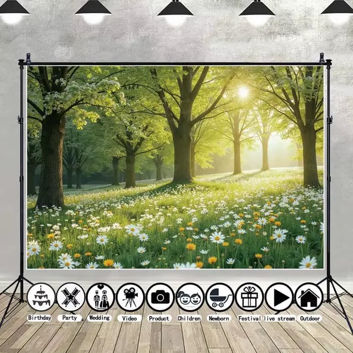 Fond photographique Forêt enchantée avec arbres verts printaniers pour enfants et filles, décorations de fête d'anniversaire, photomaton