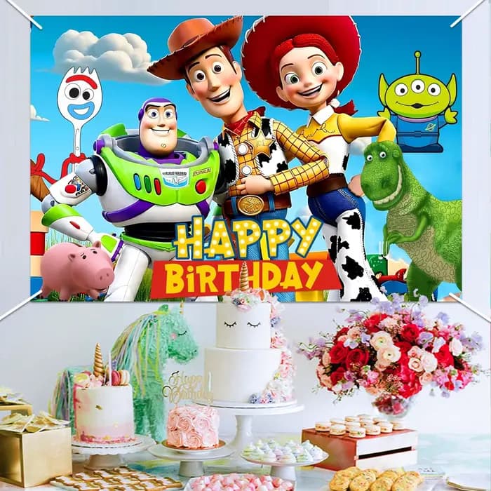 Toile de fond d'anniversaire sur le thème des dessins animés, fond photo Joyeux Anniversaire sur le thème des jouets, décorations de bannière photo pour fête d'anniversaire