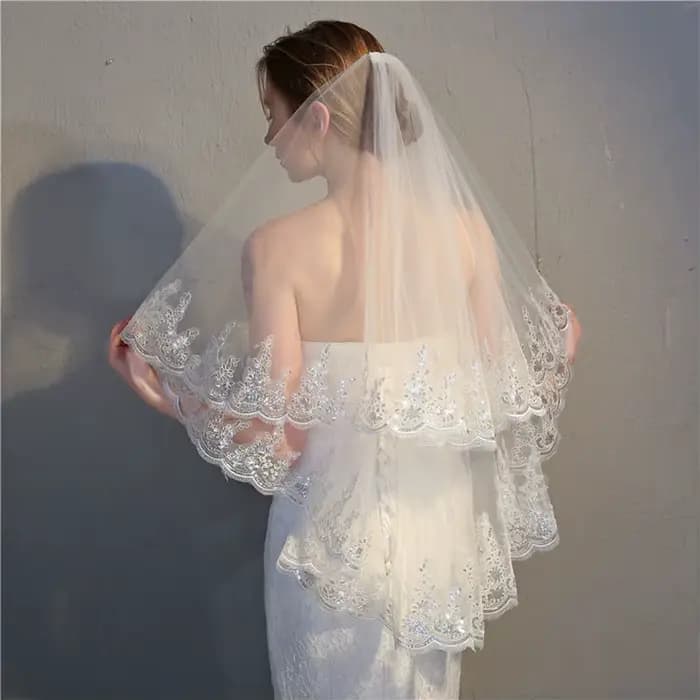 Nouveauté Voile De mariée 2 couches blanc ivoire noir bord appliqué voiles De mariée court noir dentelle voiles De mariée Velo De Novia