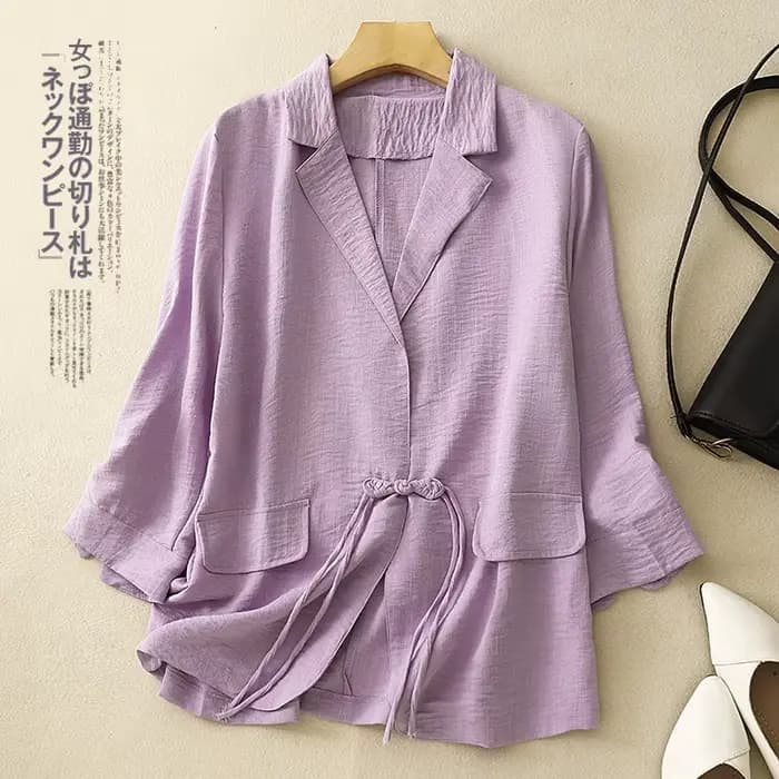 Veste décontractée en coton et lin pour femme, nouvelle collection printemps-été, style artistique, élégante, chic, avec boucle et manches trois-quarts
