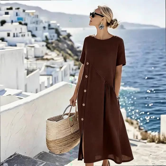 Robe en coton et lin, robes printemps-été, robe midi à boutons et poches, combinaison décontractée, playsuit