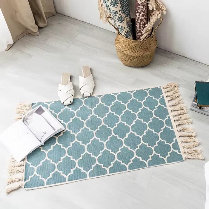 Tapis en lin de coton turc, imprimé à la main, avec glands, pour l'entrée, lavable pour la chambre, la cuisine et la salle de lavage