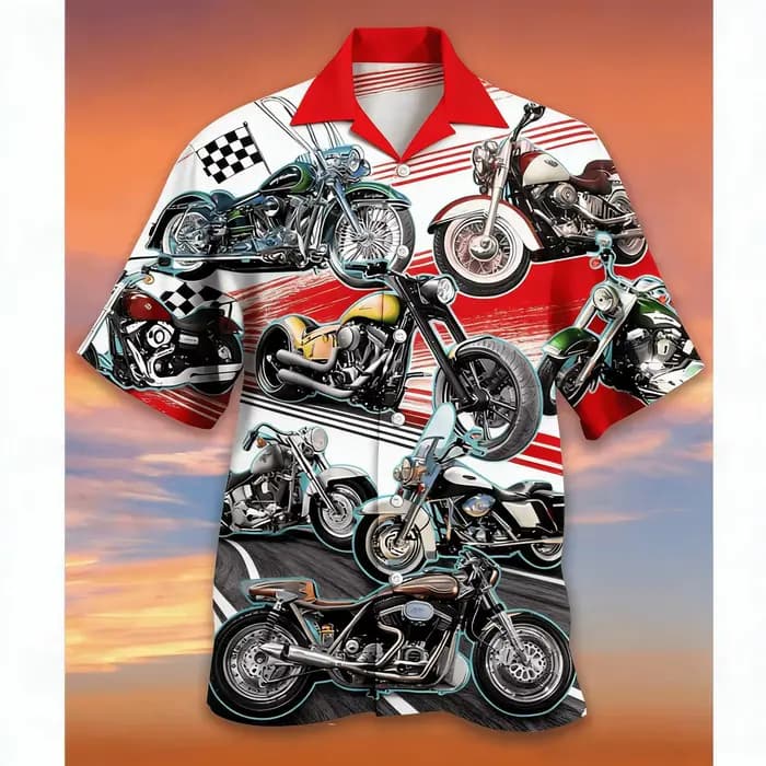 Chemise moto pour homme à col rouge, style rétro avec bandes de vitesse, chemise boutonnée élégante à manches courtes pour le printemps et l'été