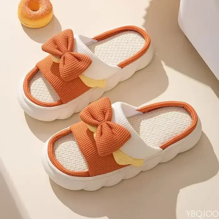 Pantoufles en lin pour femmes, pantoufles d'intérieur confortables, antidérapantes, chaussures en coton, mignonnes pantoufles plates avec nœud papillon, diapositives pour couples, printemps et été