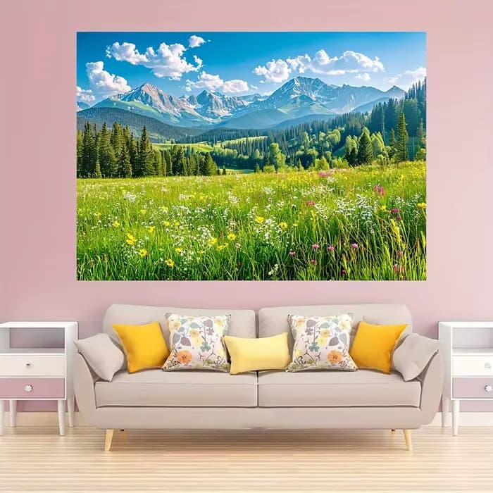 Paysage de printemps, prairie verte, pins, fond de forêt, photographie, camping, aventure, fond de fête, bannière