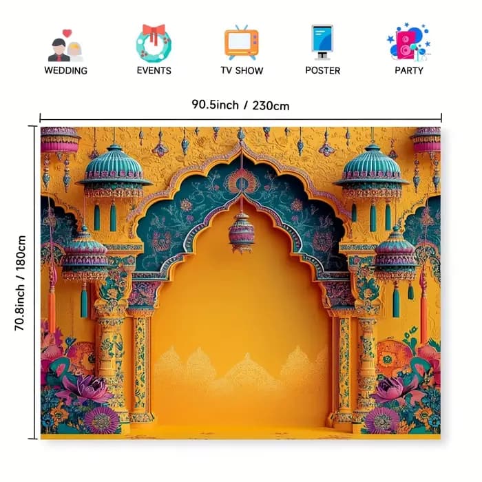 1 toile de fond de fête de mariage indienne vibrante - design architectural traditionnel adapté aux célébrations de vacances et à la décoration intérieure