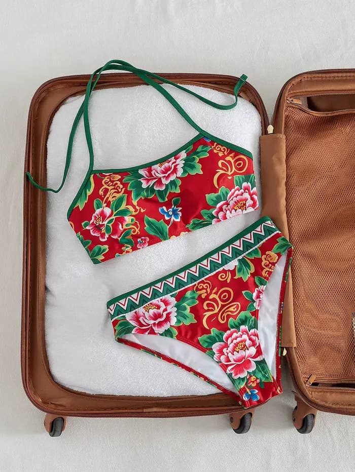 Ensemble bikini imprimé floral rouge pour femme, haut à col halter avec bordure contrastée, bas taille haute, maillot de bain 2 pièces