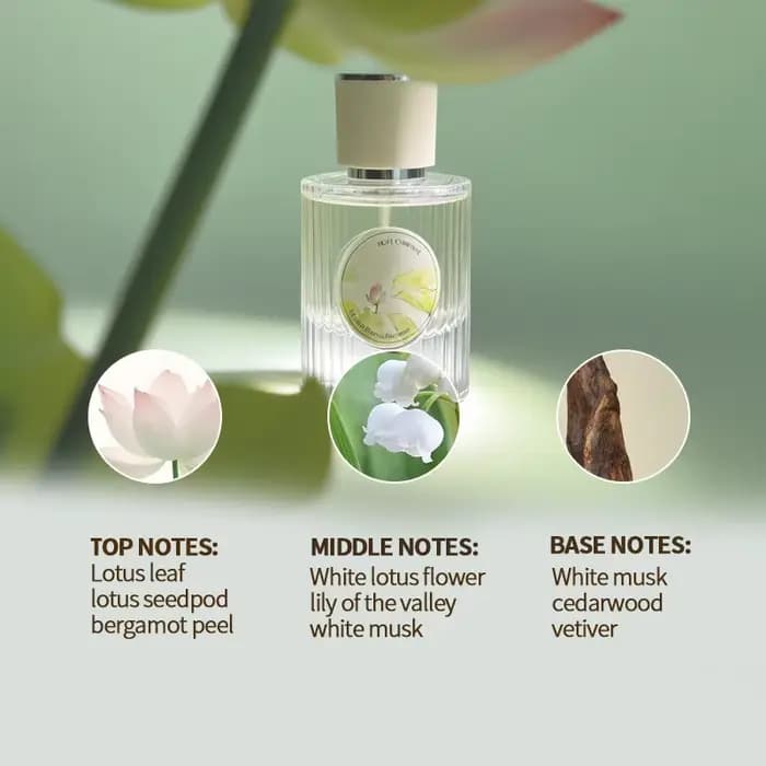 Parfum de lotus frais, fragrance florale et boisée longue durée, beauté orientale, mélangé à du lotus et du jasmin