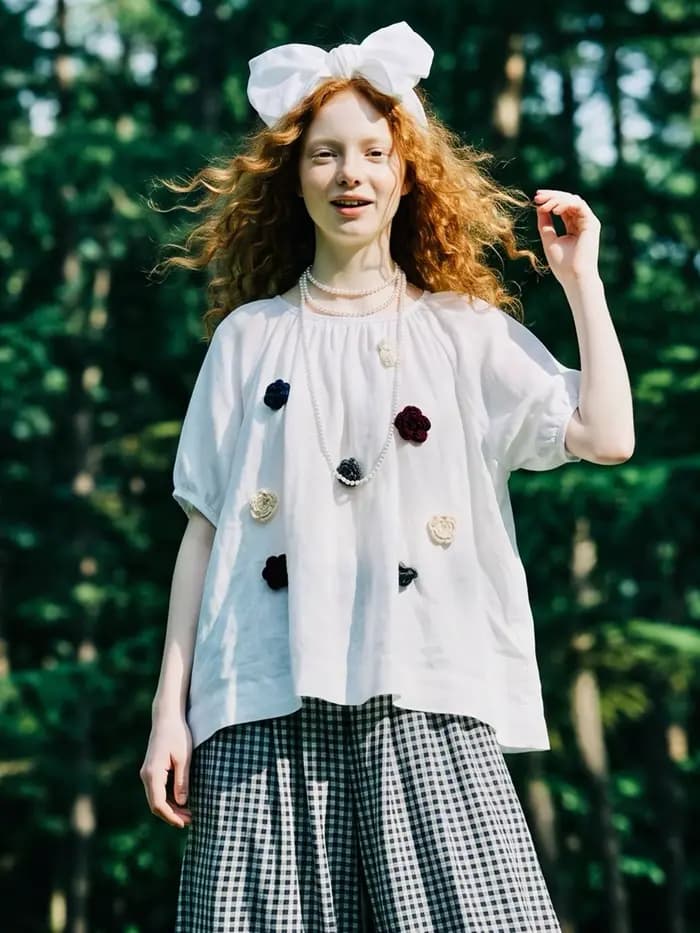Chemise en lin blanc pour femme, imakokoni, originale d'été, décontractée, artistique, de niche, haut ample à fleurs en 3D 265476